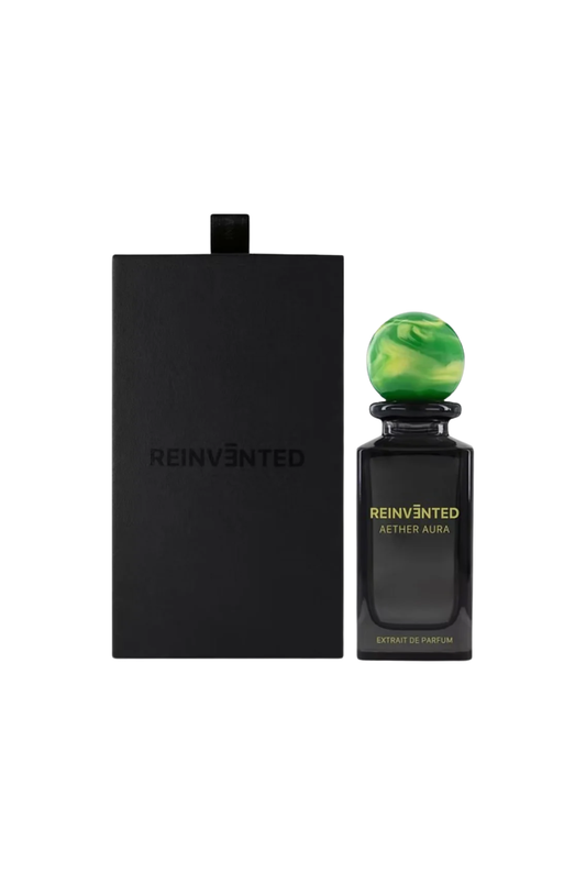 Black perfume bottle with green cap and 'Reinvited' packaging on a white background
