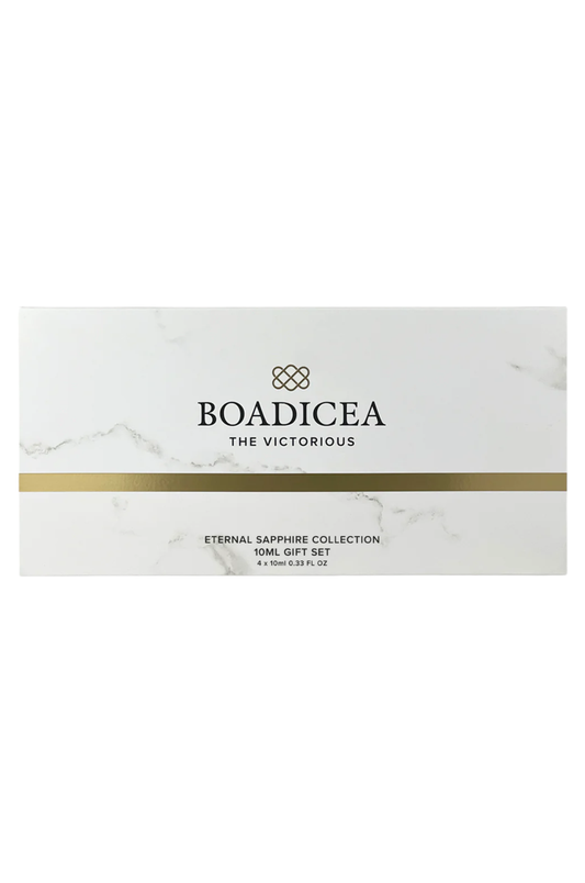 A rectangular white gift set box with subtle marble veining, featuring the brand name 'BOADICEA THE VICTORIOUS' in black, a thin horizontal gold stripe across the center, and smaller text reading 'ETHERAL SAPHIRE COLLECTION 10ML GIFT SET' near the bottom.