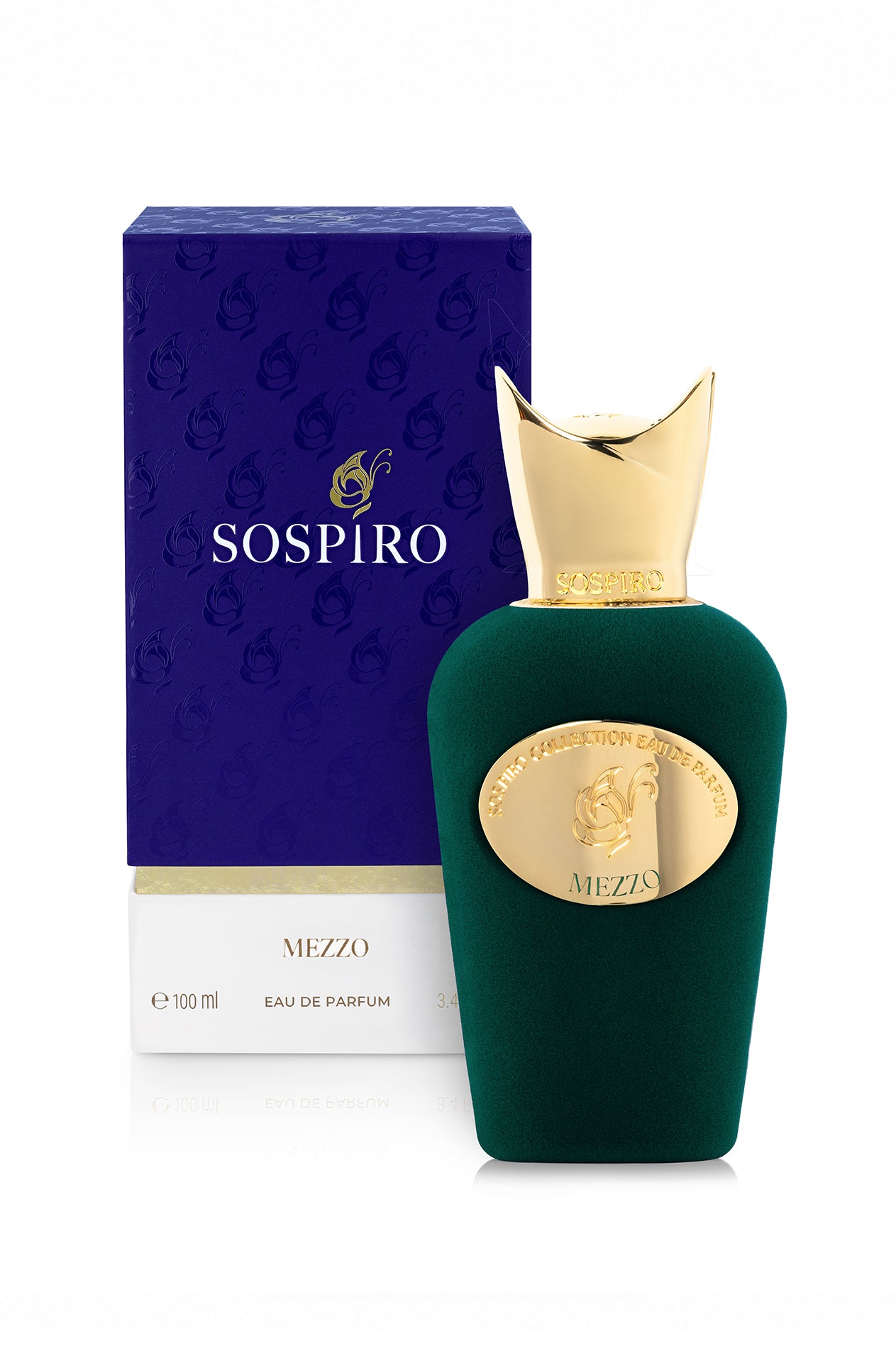 Sospiro Mezzo Eau de Parfum bottle in dark green with a gold cap, shown next to its dark purple and white packaging box.