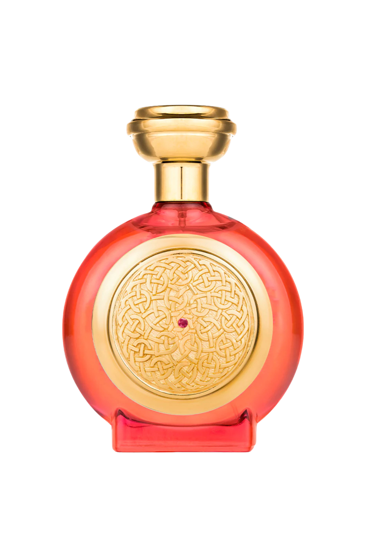 Red and gold perfume bottle on a white background