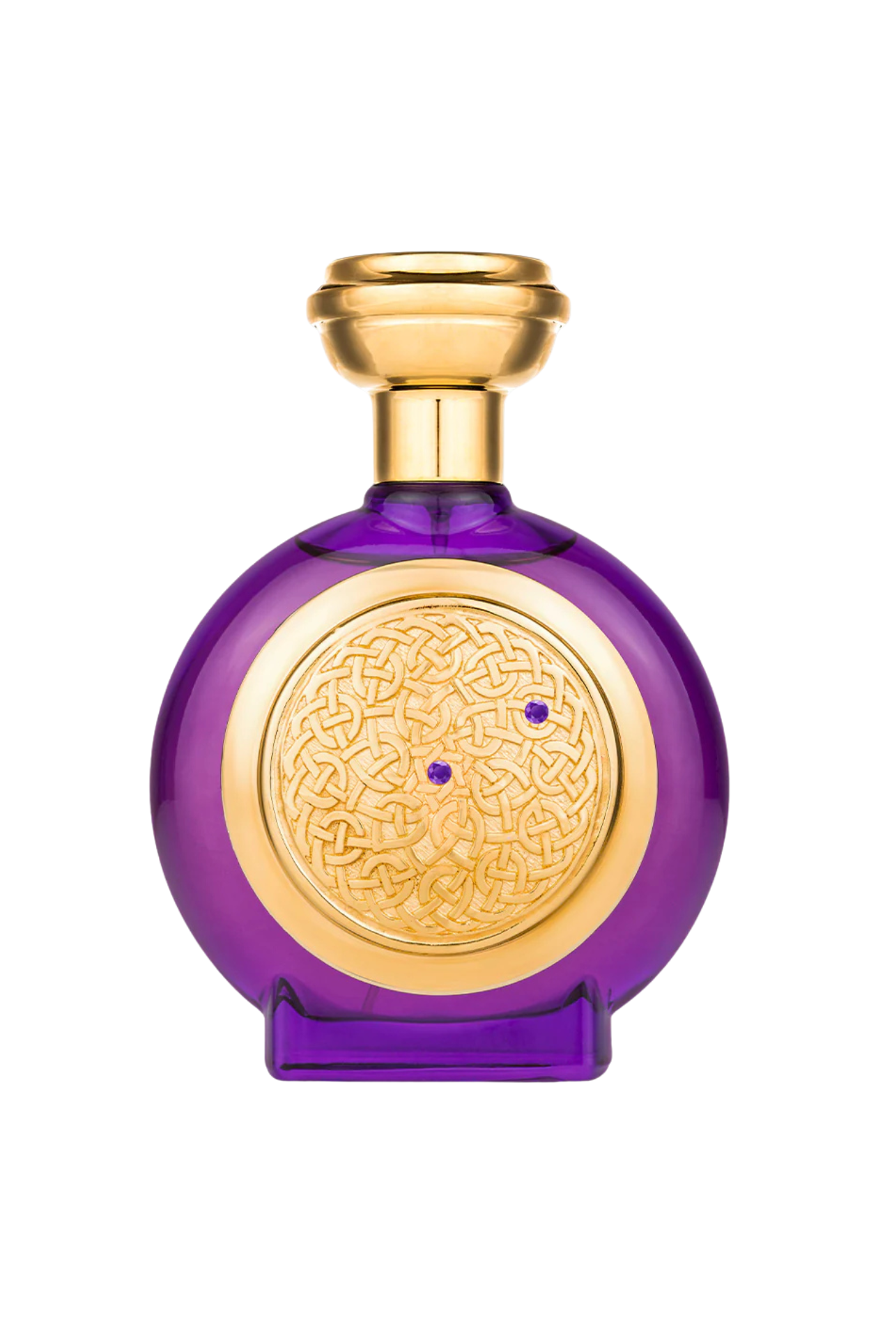 Purple perfume bottle with gold cap and decorative label on a white background