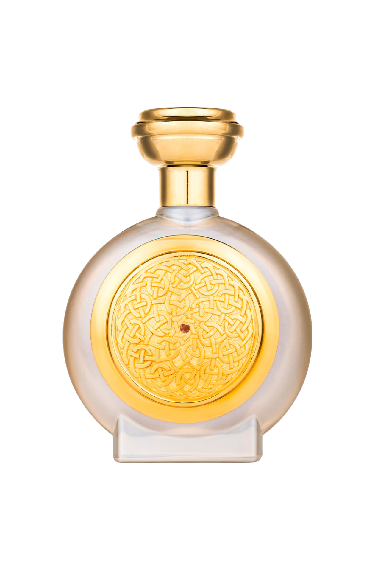 Perfume bottle with gold cap and decorative label on a white background