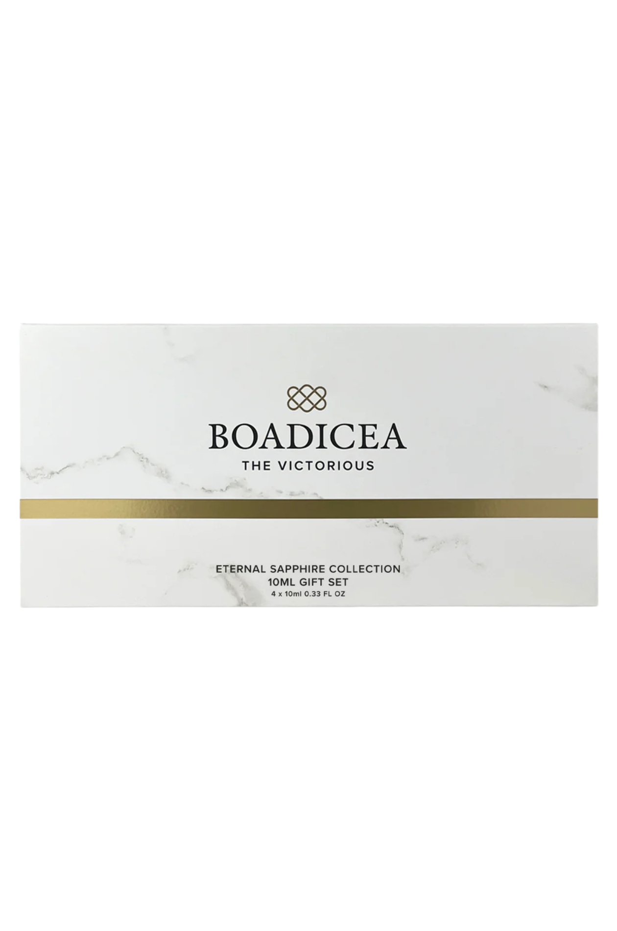 A rectangular white gift set box with subtle marble veining, featuring the brand name 'BOADICEA THE VICTORIOUS' in black, a thin horizontal gold stripe across the center, and smaller text reading 'ETHERAL SAPHIRE COLLECTION 10ML GIFT SET' near the bottom.