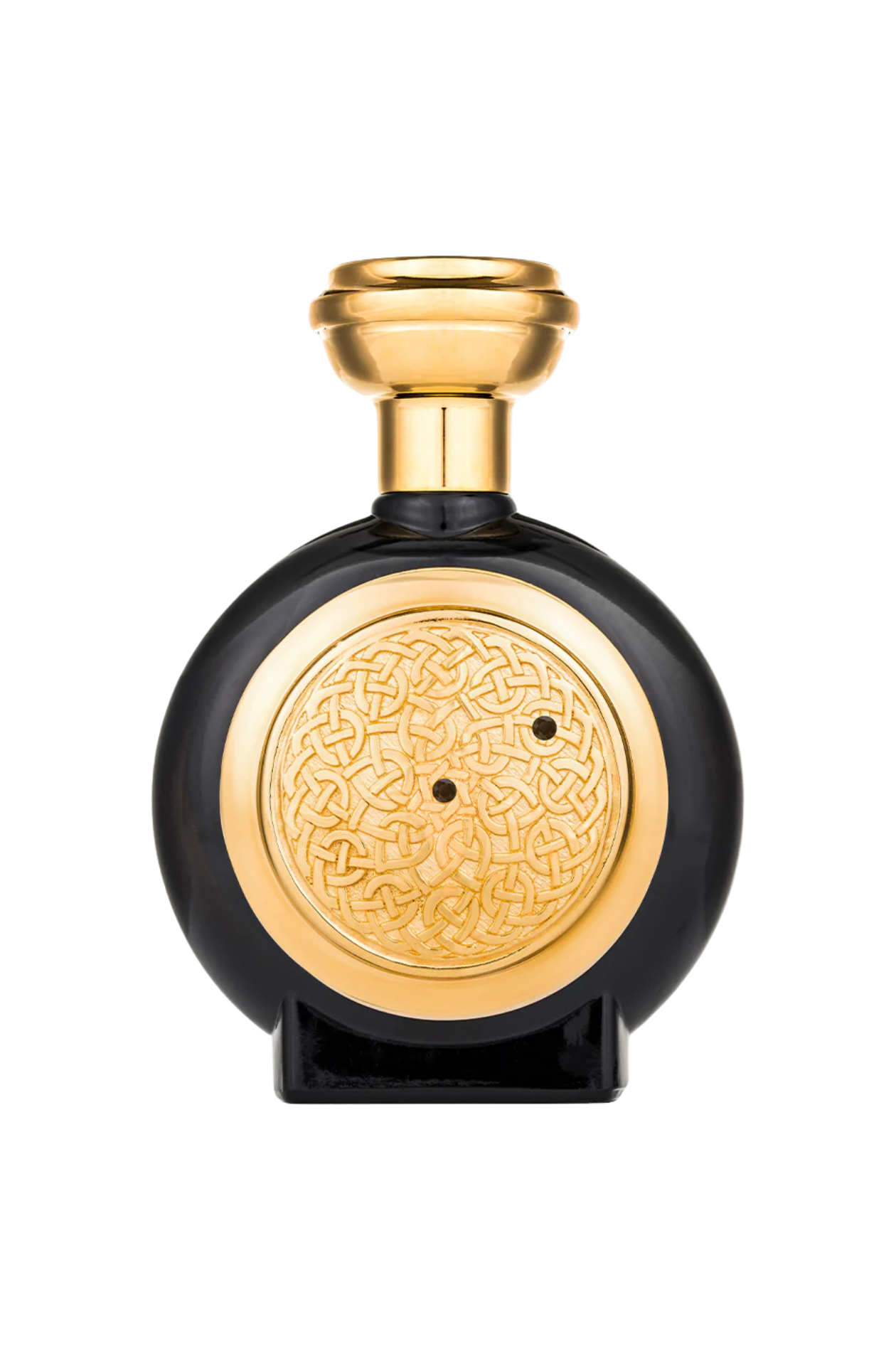 Black and gold perfume bottle with intricate design on a white background