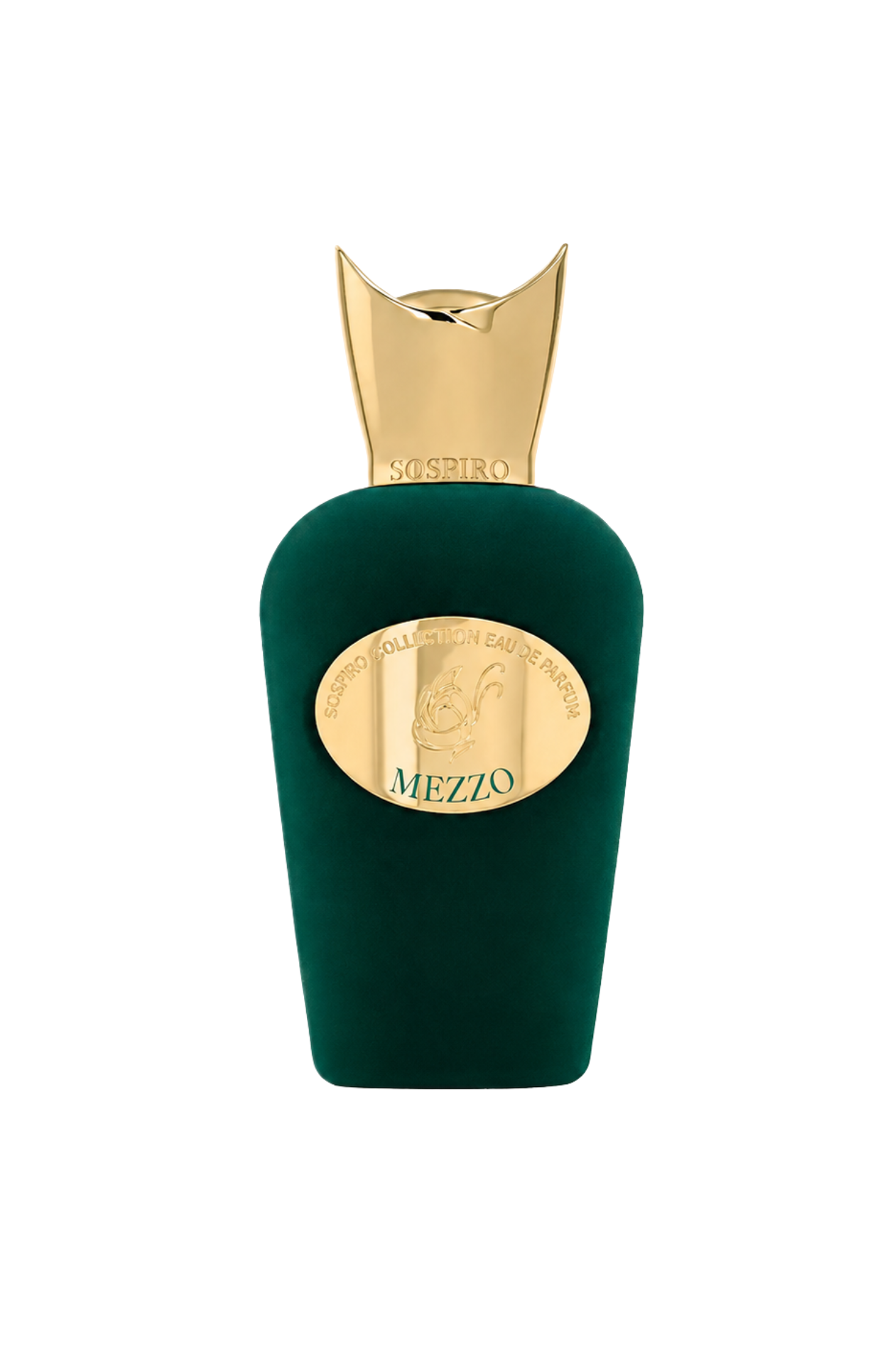 Green perfume bottle with gold cap and label on a white background