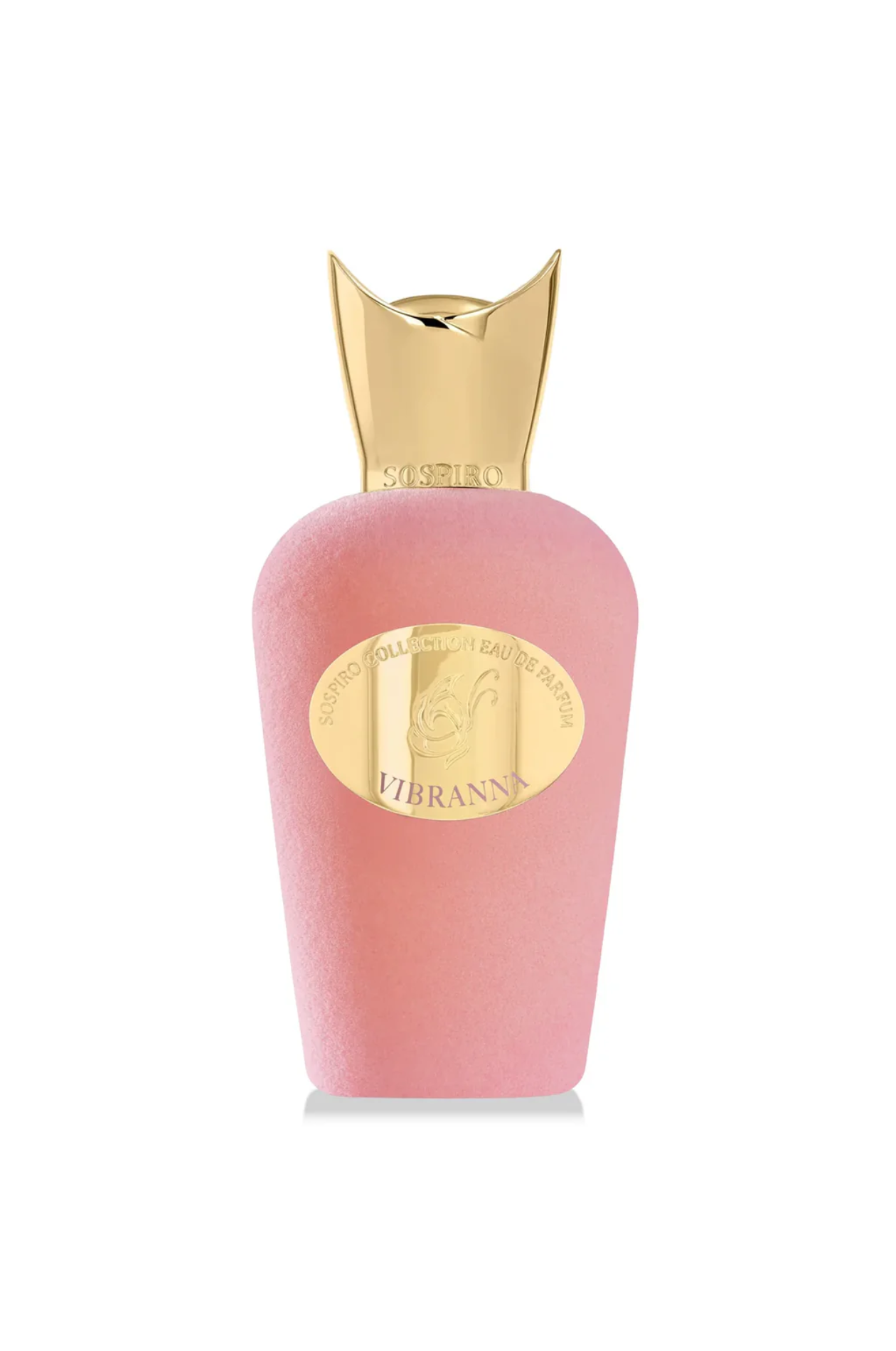 Pink bottle with gold cap and label on a white background