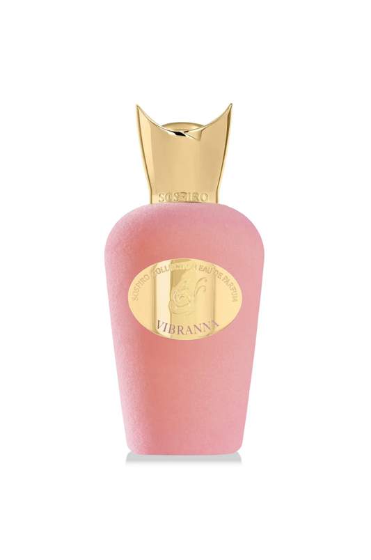 Pink bottle with gold cap and label on a white background