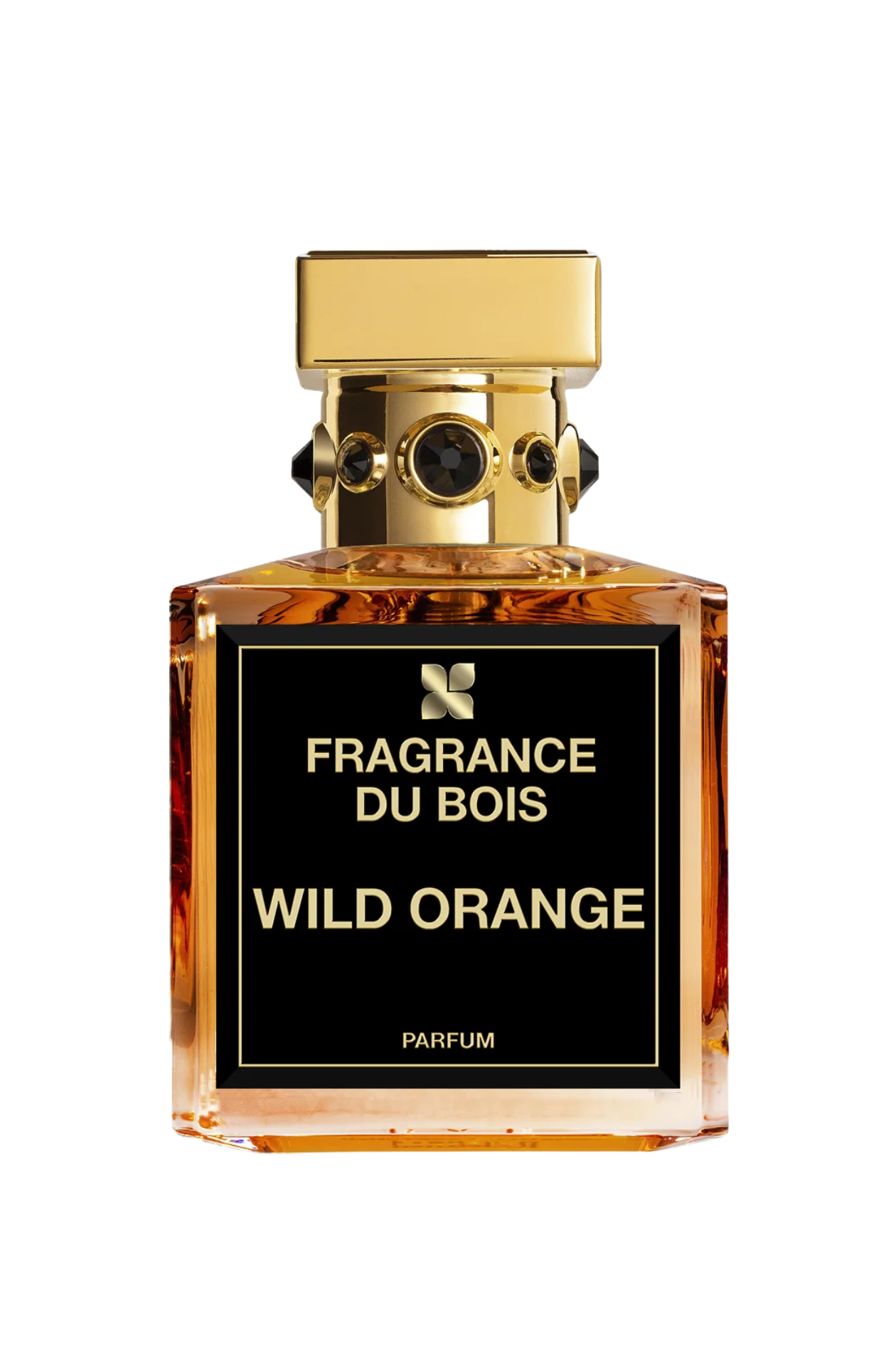 Perfume bottle labeled 'Fragrance du Bois Wild Orange' with gold cap on a white background
