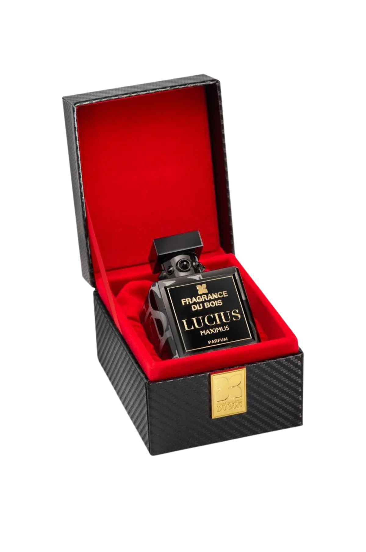 Lucius Maximus by Fragrance du Bois Parfum displayed in black and red presentation box